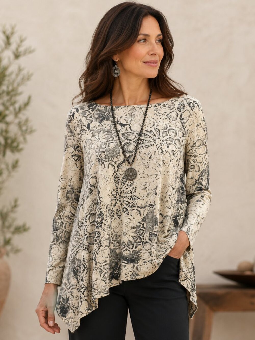 Peruvian Connection SZ M/L Boat-Neck Long Sleeve Pima Cotton Blend Swing Top